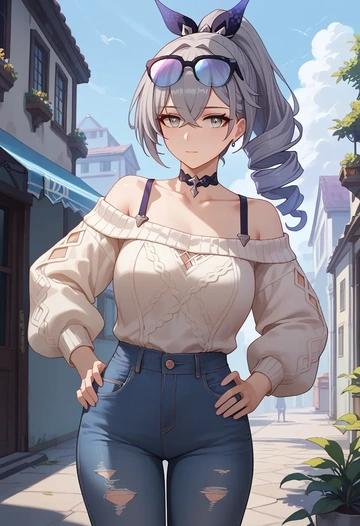 star rail,silver wolf,sweater,off-shoulder,ripped jeans  - AI generated anime art